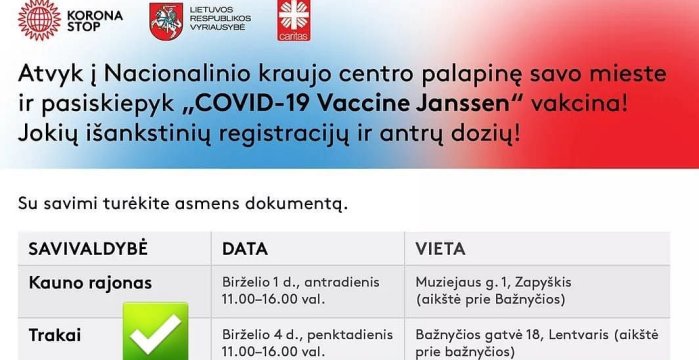 Birželio 4 d. Lentvaryje bus skiepijama be išankstinės registracijos
