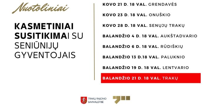Balandžio 21 d. – nuotolinis susitikimas su Trakų seniūnijos gyventojais 