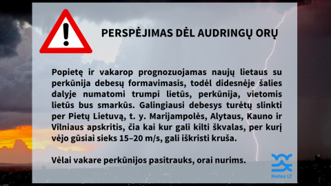 Šiandien Pietų Lietuvoje tikėtini neramūs orai